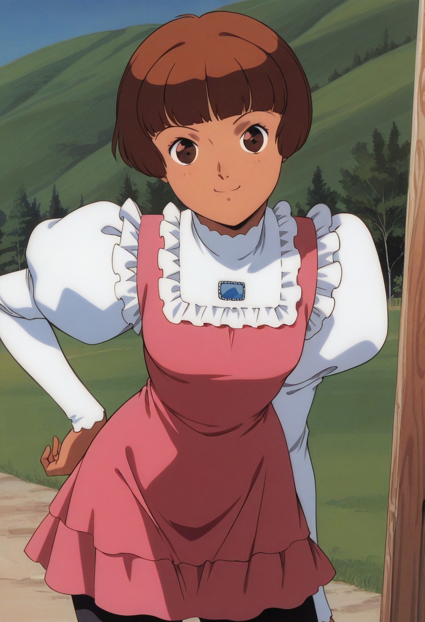 score_9, score_8_up, score_7_up, source_anime,masterpiece, best quality, retro_artstyle, 1990s_\(style\),official art,perfect_anatomy,1girl,Sochie,brown_eyes,brown_hair,short_hair,blunt_bangs,bob_cut,pink_dress,frills,puffy_sleeves,looking at viewer,(detailed face and eyes,happy,smile),(cowboy shot,hand on hip,pantyhose:1.2),close to viewer,outdoor,wood