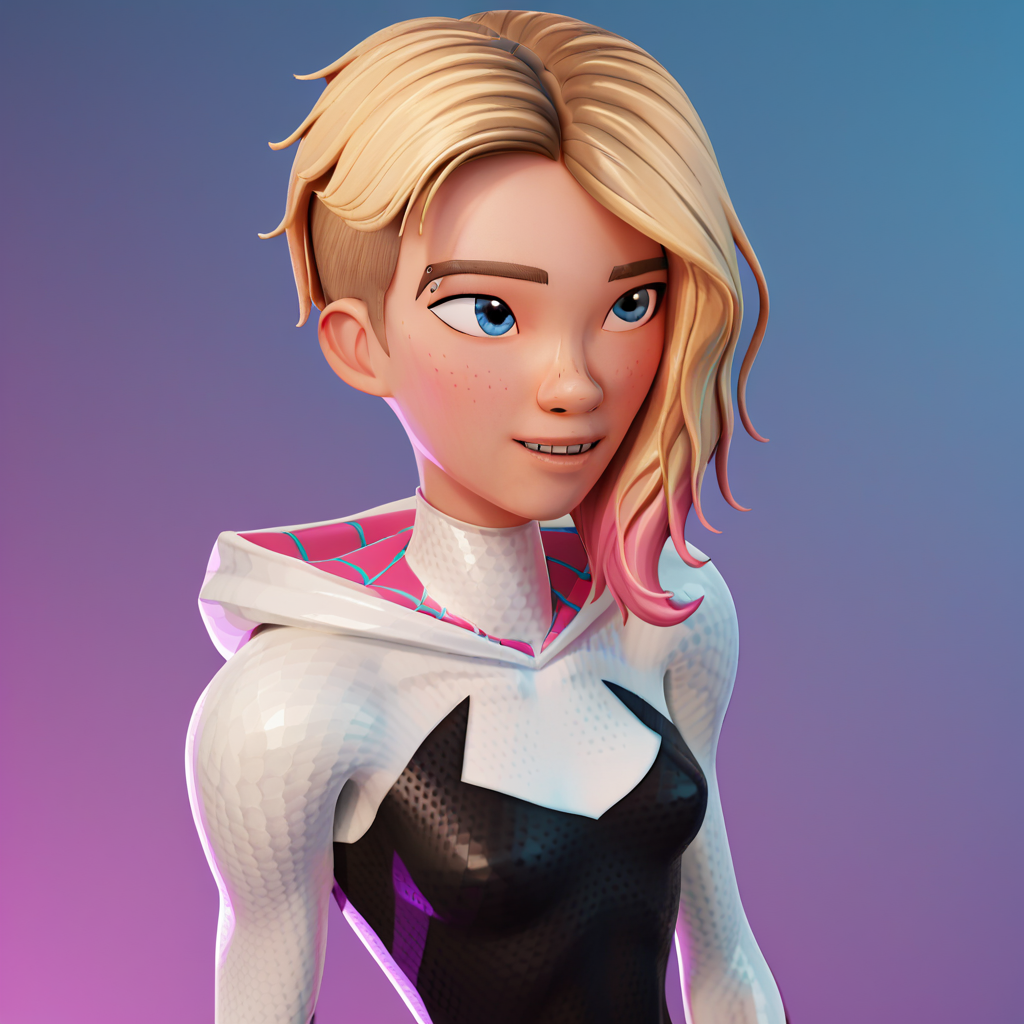 score_9_up, score_8_up, BREAK, spidergwen, 1girl, solo, blonde hair, blue eyes, bodysuit, hooded bodysuit, superhero, cowboy shot, gradient background,   <lora:SpiderGwen_Fortnite_PXL_Leaf2:1>