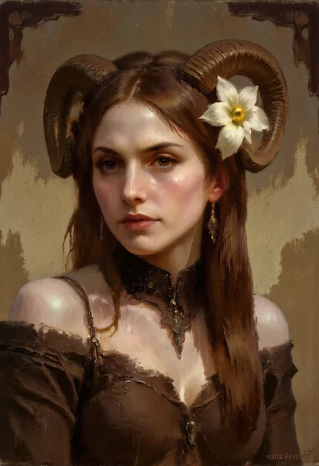 Dark-Fantasy-Cardd-V.2.0 style dark fantasy oil painting a portrait with detailed eyes that features fair-skinned woman with long straight brown hair adorned with a white flower and ram's horns. She has large expressive brown eyes a small nose and full lips. She wears a brown off-shoulder dress with lace trim and lace choker. upper body from the side