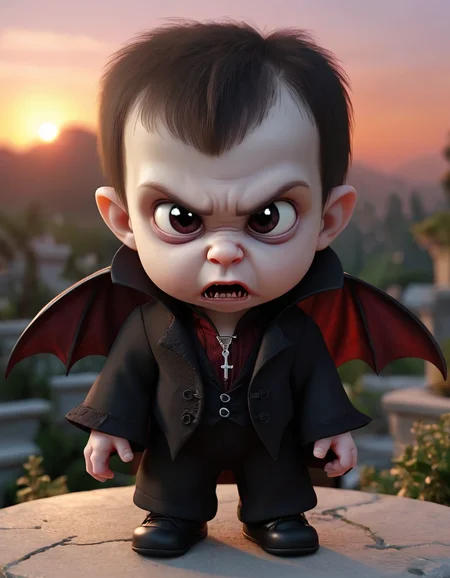 Sad, Smart Horrid "I'm a vampire, I'm a vampire, I'm a vampire, baby.", background is [Alpine|The Hanging Gardens of Babylon], at Sunset, FOV 90 degrees, Confused, Low Contrast