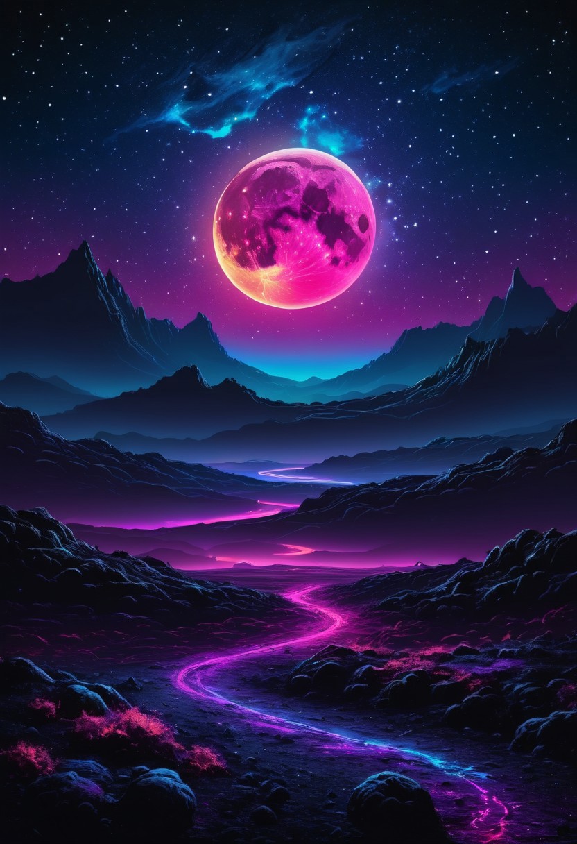 dark landscape, bright colors, neon, galaxy night sky, single large moon