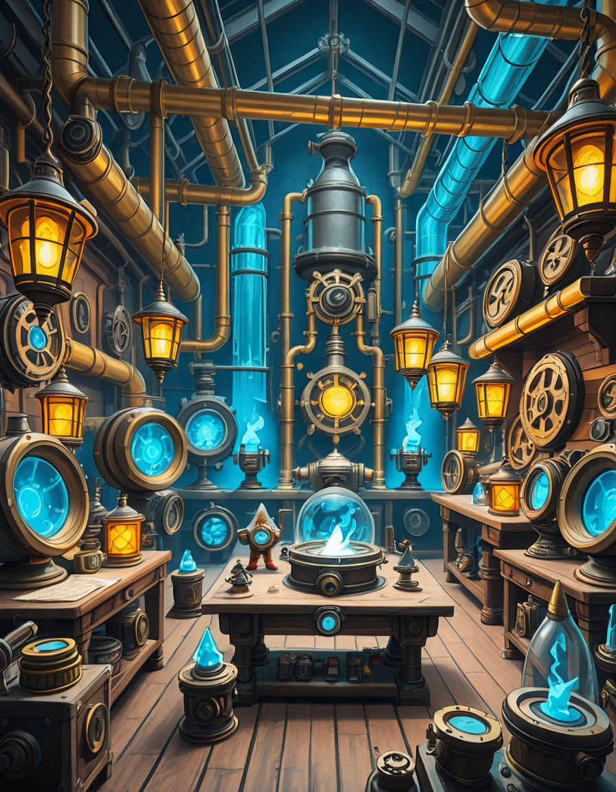 A highly detailed and immersive gnome workshop inspired by World of Warcraft, filled with intricate mechanical devices, glowing gadgets, and arcane-infused machinery. The workshop is cluttered with blueprints, gears, and steam-powered contraptions, creating a vibrant steampunk-fantasy aesthetic. The lighting comes from flickering arcane lamps, neon-colored tubes, and softly glowing mana crystals, casting a warm yet mysterious ambiance. In the background, large brass pipes, rotating cogs, and suspended platforms form a complex, multi-layered workspace. A large workbench at the center is covered with half-finished inventions, from tiny clockwork creatures to experimental energy weapons. The walls are adorned with schematics, tool racks, and magical energy conduits. The atmosphere feels lively, as if gnome engineers have just stepped away from their latest tinkering project, leaving sparks flying and steam hissing from unfinished experiments. The color palette is a mix of vibrant blues, greens, and metallic hues, enhancing the high-tech yet whimsical charm of gnomish engineering.<lora:SDXLFaeTastic2400:0.4> <lora:extremely_detailed:0.4> extremely detailed,gnome w0rksh0p <lora:gnome_w0rksh0p-i:1>, Masterpiece,best quality,hi res,8k,hi res,8k,award winning,(sharp focus, intricate, highly detailed),
