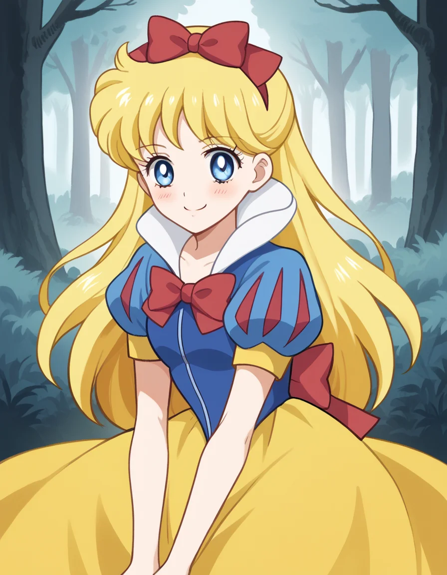 score_9, score_8_up, score_7_up, source_anime, <lora:minako-aino-eternal-movie1-ponyxl-lora-nochekaiser:1>, minako aino, blonde hair, blue eyes, bow, hair bow, half updo, long hair, red bow, tiara,, <lora:snow-white-cosplay-ponyxl-lora-nochekaiser:1>, snow white cosplay, snow white (disney) (cosplay), cosplay, dress, hair bow, puff and slash sleeves, puffy short sleeves, puffy sleeves, red bow, short sleeves, skirt, yellow skirt, yellow dress,, forest, sitting, smile, blush, apple,, cowboy shot,