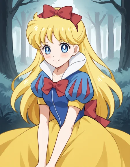 score_9, score_8_up, score_7_up, source_anime, <lora:minako-aino-eternal-movie1-ponyxl-lora-nochekaiser:1>, minako aino, blonde hair, blue eyes, bow, hair bow, half updo, long hair, red bow, tiara,, <lora:snow-white-cosplay-ponyxl-lora-nochekaiser:1>, snow white cosplay, snow white (disney) (cosplay), cosplay, dress, hair bow, puff and slash sleeves, puffy short sleeves, puffy sleeves, red bow, short sleeves, skirt, yellow skirt, yellow dress,, forest, sitting, smile, blush, apple,, cowboy shot,