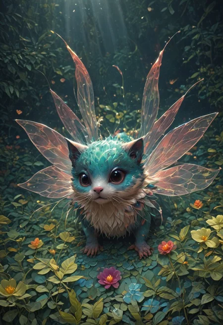 score_9, score_8_up, score_7_up, (cute furry water creature with large detailed eyes:1.3), Ethereal glow, Fairy tale, Abstract patterns, Smooth contours, Artistic abstraction, Verdant foliage, tropical backdrop, Magical realism, realistic detail, overalldetail, Masterpiece, absurdres, highres, flawless, high quality, epic intricate detail, (from above:1.3)