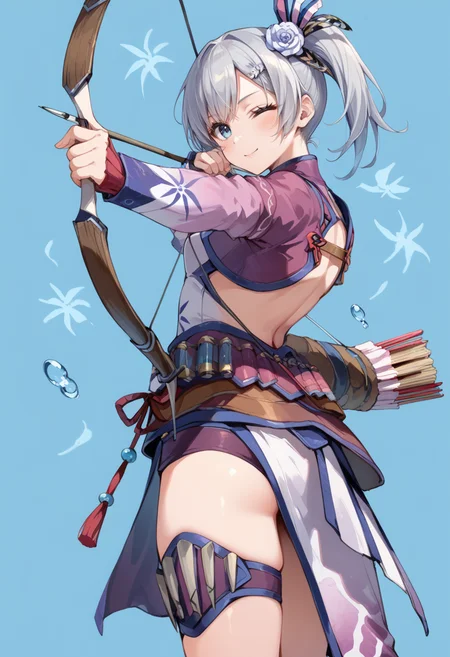 (score_9:0.9),score_8_up,score_7_up,rating_safe,anime style,(zPDXL),<lora:Gobul armor ponyXL v1.2:0.73>,gobul x gunner armor,white hair ornament,purple thigh strap,white chinese dress,purple long sleeves,1girl,solo,side ponytail,grey hair,<lora:Drawing_bow:0.8>,((drawing bow, aiming at viewer, arrow \(projectile\):1.1)),one eye closed,light smile,clenched hand, bow \(weapon\),