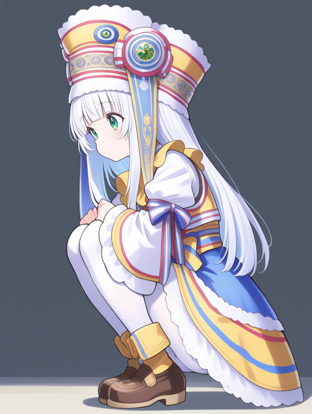 perfect quality,best quality,absolutely eye-catching,ambient occlusion,raytracing BREAK
1girl,<lora:riria IL v1.1:0.9>,riria,white hair,green eyes,long hair,hat,dress,lace trim,wide sleeves,long sleeves,shoes,ribbon,whie pantyhose,, from side,macro_shot,leaning,adjusting_thighhigh,trefoil,squatting,_open_legs,