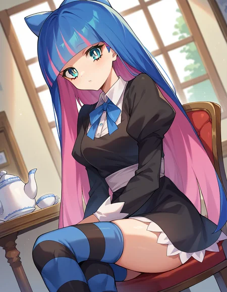 score_9, score_8_up, score_7_up, source_anime,
psgstocking, <lora:stocking-anarchy-ponyxl-lora-nochekaiser:1>,
psg stocking, blue eyes, blue hair, colored inner hair, hair bow, long hair, multicolored hair, pink hair, two-tone hair, bangs, blunt bangs,
striped, striped thighhighs, thighhighs, dress, black dress, puffy sleeves, long sleeves, skirt, shirt, collared shirt, white shirt,
indoors, table, sitting, chair, teacup, teapot, strawberry shortcake,
looking at viewer, cowboy shot, dutch angle,