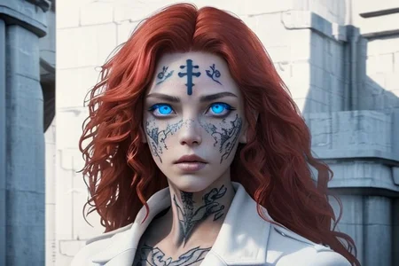 bright red hair, human female, (feminine:1.7), (beautiful face, detailed face:1.6), (beautiful eyes, detailed eyes:1.7), (looking at viewer, eye contact, intense:1.6), (long hair, red hair, curly hair:1.3), , ((masterpiece, best quality, high resolution, realistic, best quality,)), photo realistic, Perfect Face, (detailed face). <lora:GoodHands-vanilla:0.6> <lora:add-detail-xl:0.8>, mage, (Dress White military uniform coat), dagger, rune dagger, glowing runes, , (((glowing magic symbols tattoos, religious tattoos))), ((face tattoos)), glowing tattoos, stone tower in the background