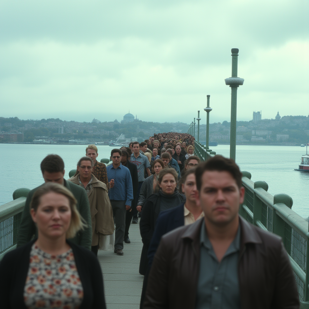cinematic film still of  <lora:perfection style v2d:0.9>
A perfect photo of a large group of people walking across a bridge,outdoors,sky,day,cloud,water,no humans,ocean,cloudy sky,building,scenery,mountain,city,railing,horizon,cityscape,watercraft,bridge,boat,real world location,dock , detailed face, detailed body, detailed hands, detailed eyes, detailed nose, detailed ears, detailed hair, detailed, perfection, detailed teeth, detailed skin texture, wrinkly, detailed fingers, detailed mouth, beauty, realism, real, detailed hair, detailed pores, detailed background, sharp image, detailed lips, different race, different color, different haircut, different skin tone, different, different people, different pose, perfection style, shallow depth of field, vignette, highly detailed, high budget, bokeh, cinemascope, moody, epic, gorgeous, film grain, grainy