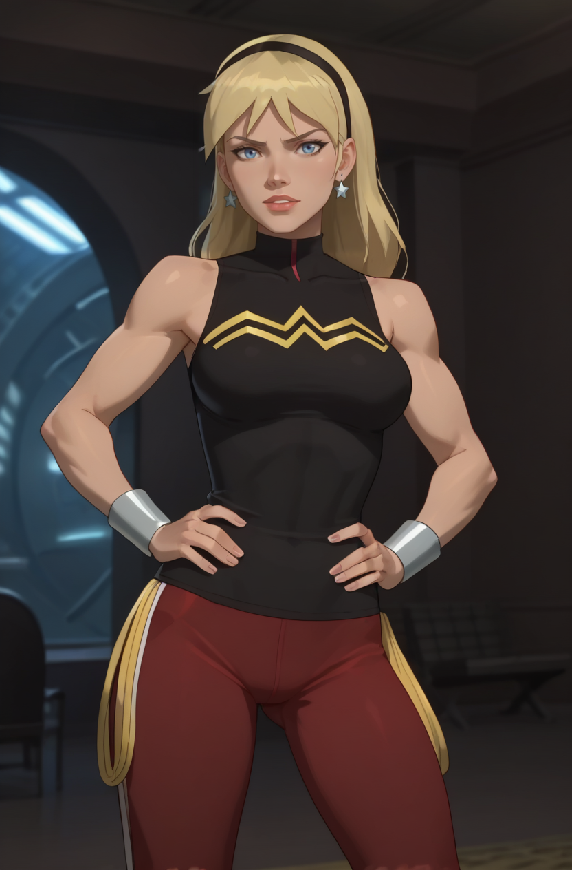 score_9, score_8_up, score_7_up, score_6_up, masterpiece, high quality, perfect face, perfect eyes, Cassie, 1girl, blonde hair, long hair, blue eyes, black hairband, black turtleneck, sleeveless, earrings, bracers, track pants, sneakers, red pants, jewelry, breasts, bare shoulders, cowboy shot, hands on own hips, from front
 <lora:YJCassie-120reps:1>