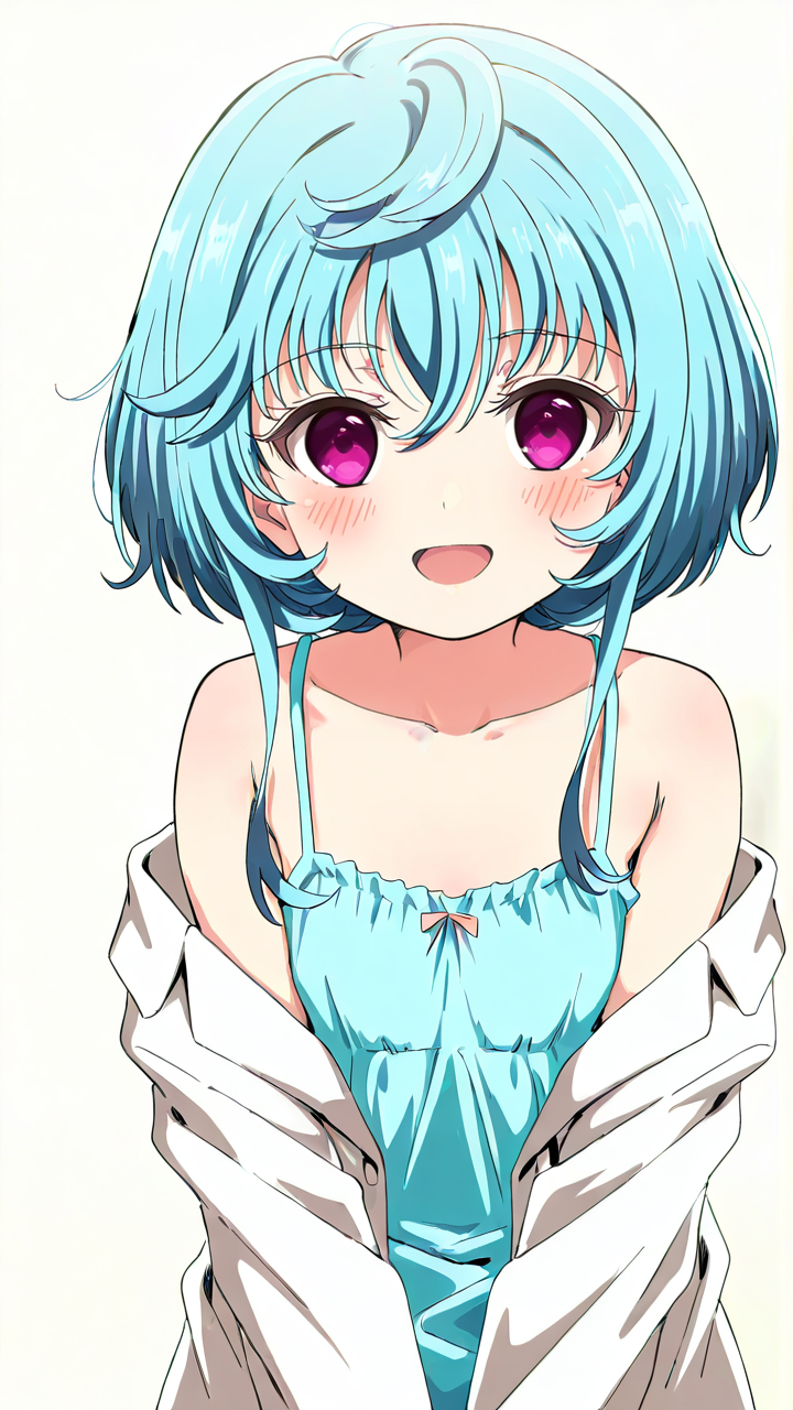 white_background,simple background,1girl,solo,full_shot,looking_at_viewer,<lora:Maryberry_Illustrious_v10:1>,Maryberry,blush,anime screenshot,sincos,looking_up,labcoat,oversized_clothes,:d,camisole,, masterpiece, best quality
