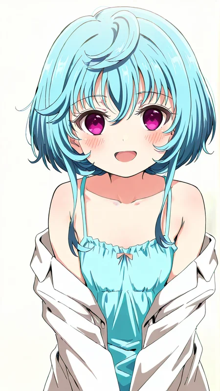 white_background,simple background,1girl,solo,full_shot,looking_at_viewer,<lora:Maryberry_Illustrious_v10:1>,Maryberry,blush,anime screenshot,sincos,looking_up,labcoat,oversized_clothes,:d,camisole,, masterpiece, best quality