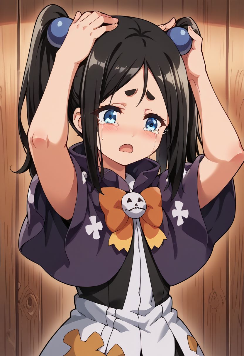 score_9, score_8_up, score_7_up,BREAKsource_anime, 
masterpiece,8k,uncensored,(highres:1.3),high resolution, unity 8k wallpaper, detailed face, detailed CG, (perfect hands:1.5, perfect anatomy), (high quality, best quality) (curvy:1.45)(shiny skin) (oily skin),
flat chest, 
wood cabin,
crying,close eyes,tears,open mouth,
standing,dynamic light,
tokkishiko dana, black hair, 1girl, thick eyebrows, blue eyes, solo, twintails, long hair,(((hands on own head))), 
purple capelet, orange bowtie,bowtie, shirt,hair bobbles,full body,