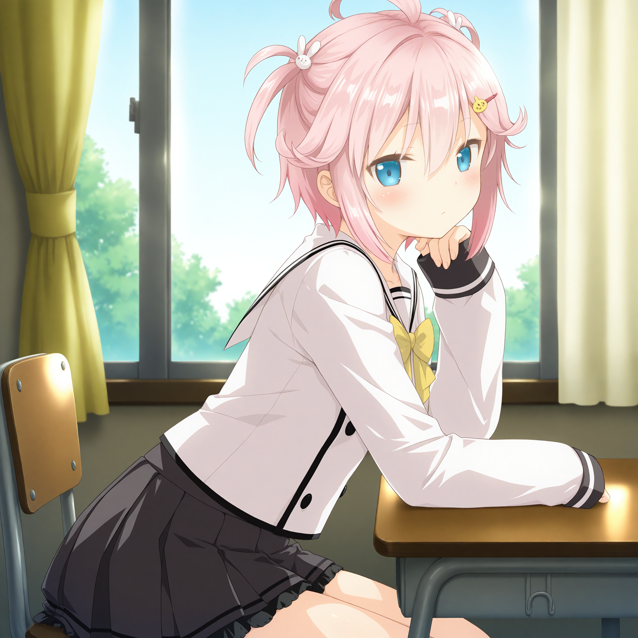 <lora:Andou_Chiwa_1_nai-000049:1>,Andou Chiwa,pink hair,blue eyes,
school uniform,rabbit hair ornament,hairclip,two side up,yellow bow,long sleeves,sleeves past wrists,pleated skirt,black skirt,miniskirt,black frills,
BREAK
1girl,solo,looking at viewer,sitting,from side,arm support,on chair,desk,indoors,window,curtains,day,arm on table,