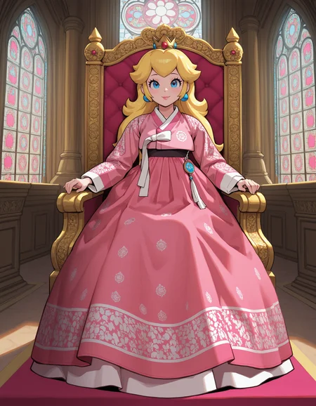 1girl, princess peach, official portrait, pink hanbok, white ribbon, patterned hanbok, patterned skirt, long hanbok, detailed background, stained glass window, throne room, regal smile, crown, masterpiece, best quality, amazing detail, high definition