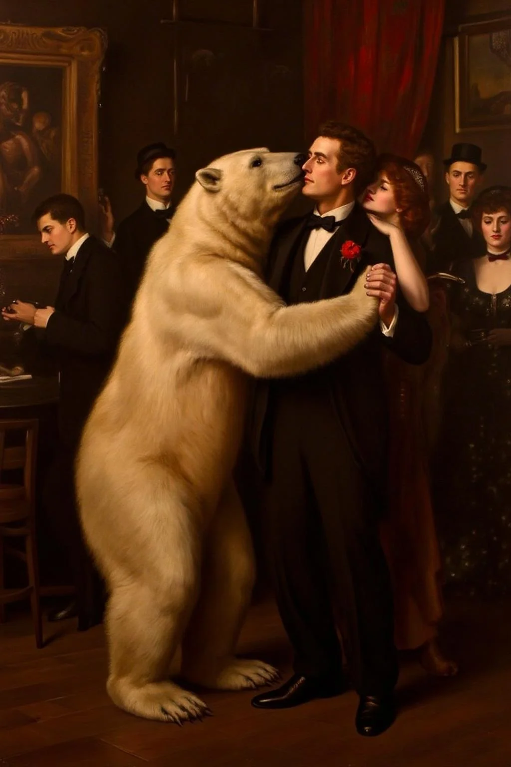 johncollier1 painting.
A man and a woman dancing with a polar bear at a jazz club. <lora:johncollier1_cap_d8a4e12:1.0><lora:850618483694677772:0>