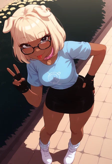 Expressiveh, score_9, score_8_up, score_7_up, score_6_up, score_5_up, score_4_up, godrays, 1girl,doribun, blonde hair, medium hair, blunt bangs, dark skin, dog ears,Blue shirt, White symbol, black skirt, white socks, white shoes, fingerless gloves, black gloves, pink collar,park, v, glasses, tongue, smile,face focus,solo