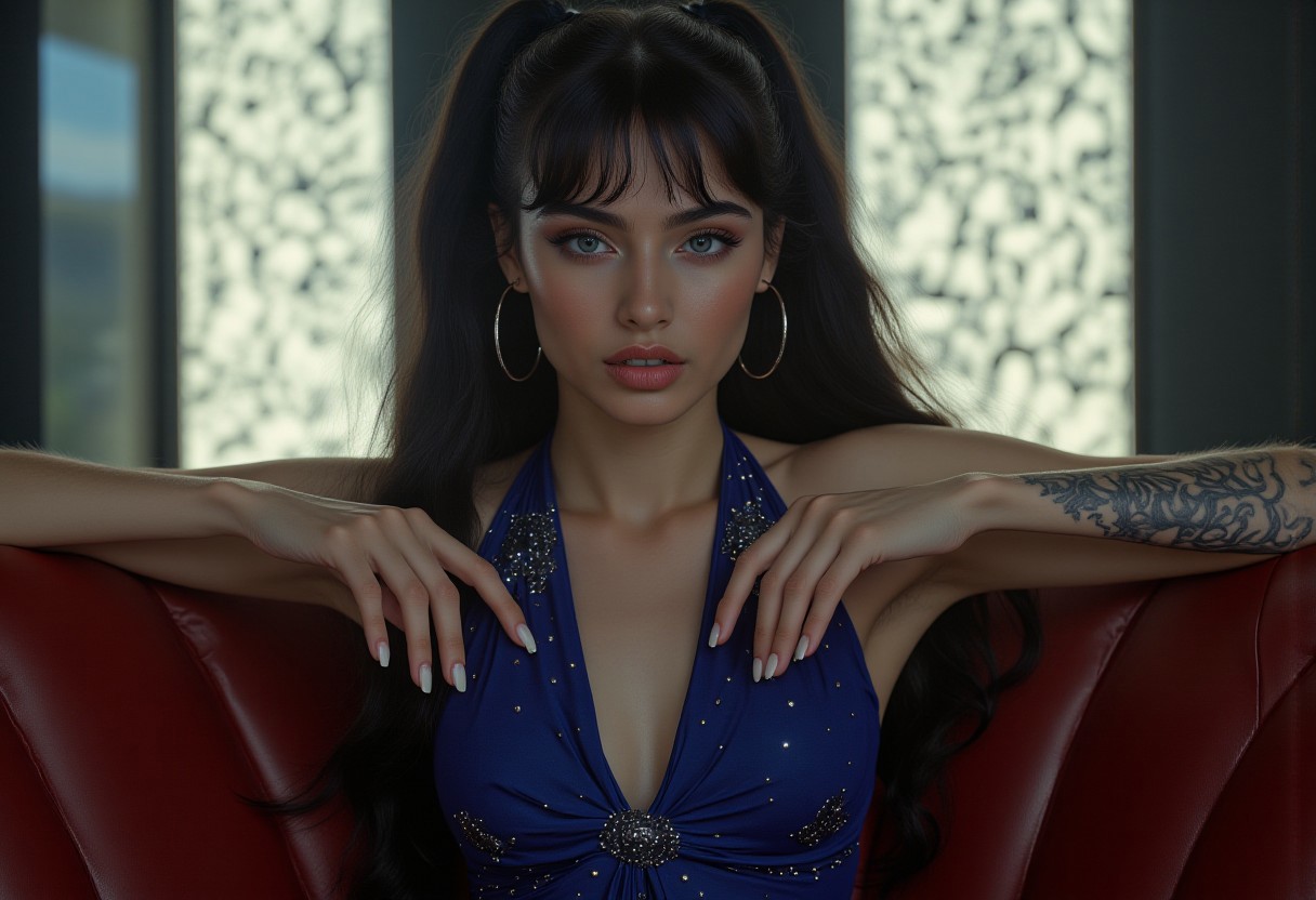 professional photo. cinematic style. masterpiece.
The front view is close, at eye level. This is a shot from a movie with a seductive turkish woman with blue eyes, sitting in an erotic  environment, long black hair with ponytail.  She is wearing a strict sexy blue tight-fitting dress with tiny stones decorations, cleavage and an opened collar to the middle of her thighs. charismatic tatoo on her left arm. Relaxed pose, bare arms, hands resting on the railing of the sofa.  She crossed her legs on the sofa. Feminine figure, wide hips. Perfect hands with white colored nails. She has a confident expression on her face and playful twinkles in her eyes, Looking at us. perfect makeup on her face with mascara and eyeshadow. The sofa she's sitting on is red colored leather. The overall atmosphere of the shot is seductive sophistication and cold passion, minimalism and clean lines. exquisite seduction. The frame of the film is made qualitatively, professionally, with a clear focus. (woman is brightly illuminated by soft artificial light from above). 
The background is made in a minimalist style, with a gradient of dark white tones, far behind in defocus is an illuminated wall of complicated panels, which enhances the airy atmosphere of the scene and the depth of field. The overall composition looks cinematic.  Beautiful bokeh. Hollywood Cinematic Film style.  indirect sexy lights.  light focus on the subject.
(depth of field), aidmamj6.1