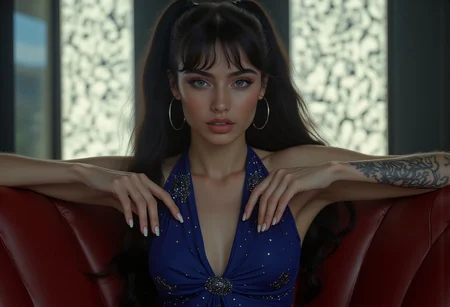 professional photo. cinematic style. masterpiece.
The front view is close, at eye level. This is a shot from a movie with a seductive turkish woman with blue eyes, sitting in an erotic  environment, long black hair with ponytail.  She is wearing a strict sexy blue tight-fitting dress with tiny stones decorations, cleavage and an opened collar to the middle of her thighs. charismatic tatoo on her left arm. Relaxed pose, bare arms, hands resting on the railing of the sofa.  She crossed her legs on the sofa. Feminine figure, wide hips. Perfect hands with white colored nails. She has a confident expression on her face and playful twinkles in her eyes, Looking at us. perfect makeup on her face with mascara and eyeshadow. The sofa she's sitting on is red colored leather. The overall atmosphere of the shot is seductive sophistication and cold passion, minimalism and clean lines. exquisite seduction. The frame of the film is made qualitatively, professionally, with a clear focus. (woman is brightly illuminated by soft artificial light from above). 
The background is made in a minimalist style, with a gradient of dark white tones, far behind in defocus is an illuminated wall of complicated panels, which enhances the airy atmosphere of the scene and the depth of field. The overall composition looks cinematic.  Beautiful bokeh. Hollywood Cinematic Film style.  indirect sexy lights.  light focus on the subject.
(depth of field), aidmamj6.1
