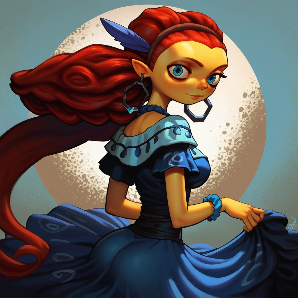 score_9, score_8_up, score_7_up, score_6_up, frazie aquato, 1girl, solo, colored skin, yellow skin, yellow nose, blue eyes, eyeliner, hairband, dark red hair, twintails, single hair braid, long braid, blue scrunchie, feather accessory, earring, bracelets, looking at viewer, detailed background, looking at viewer, detailed background, elegant woman,hourglass body, good lighting,looking at viewer, view from behind, ass, pov, blue dress,(young woman), (adult), (young adult), g0thicPXL, <lora:Frazie_Aquato_Psychonauts_2_-_PonyXL:0.7>  <lora:d3p1x3lXLP:0.5> <lora:incase-ilff-v3-4:0.6>