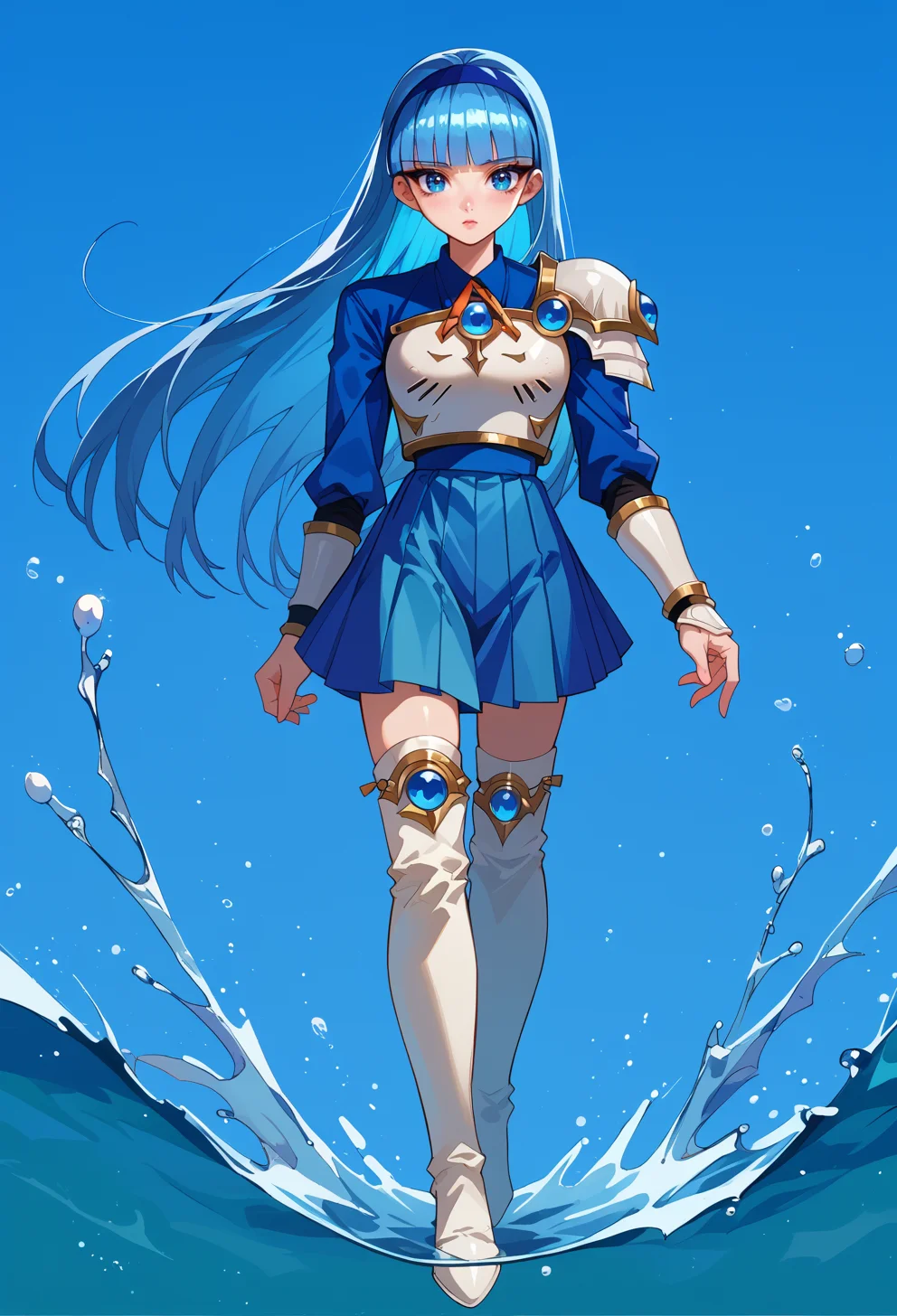 score_9, score_7_up, source_anime, solo, <lora:AEUmi-000009:0.9> BREAK gradient background, water,
blue eyes, blue hair, blunt bangs, long hair, blue hairband,
AEUmiKnight, white breastplate, single shoulder pad, shoulder armor, thigh armor, white footwear, white thigh boots, zettai ryouiki, blue skirt,
full body,