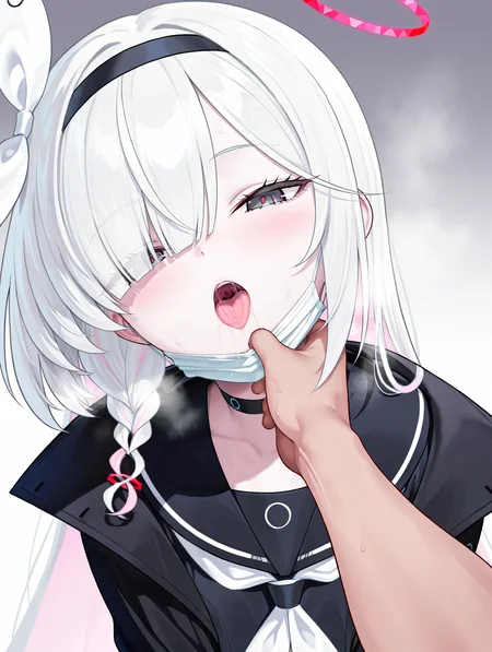 amazing quality,very aesthetic,high resolution,ultra-detailed,absurdres,newest,simple background,
<lora:mask_pull_up:1>,matanonki, plana blue archive, black searfuku, black sailor collar, black jacket, surgical mask, mask pull, halo, tongue, saliva, saliva trail, heavy breathing, steam, head tilt,