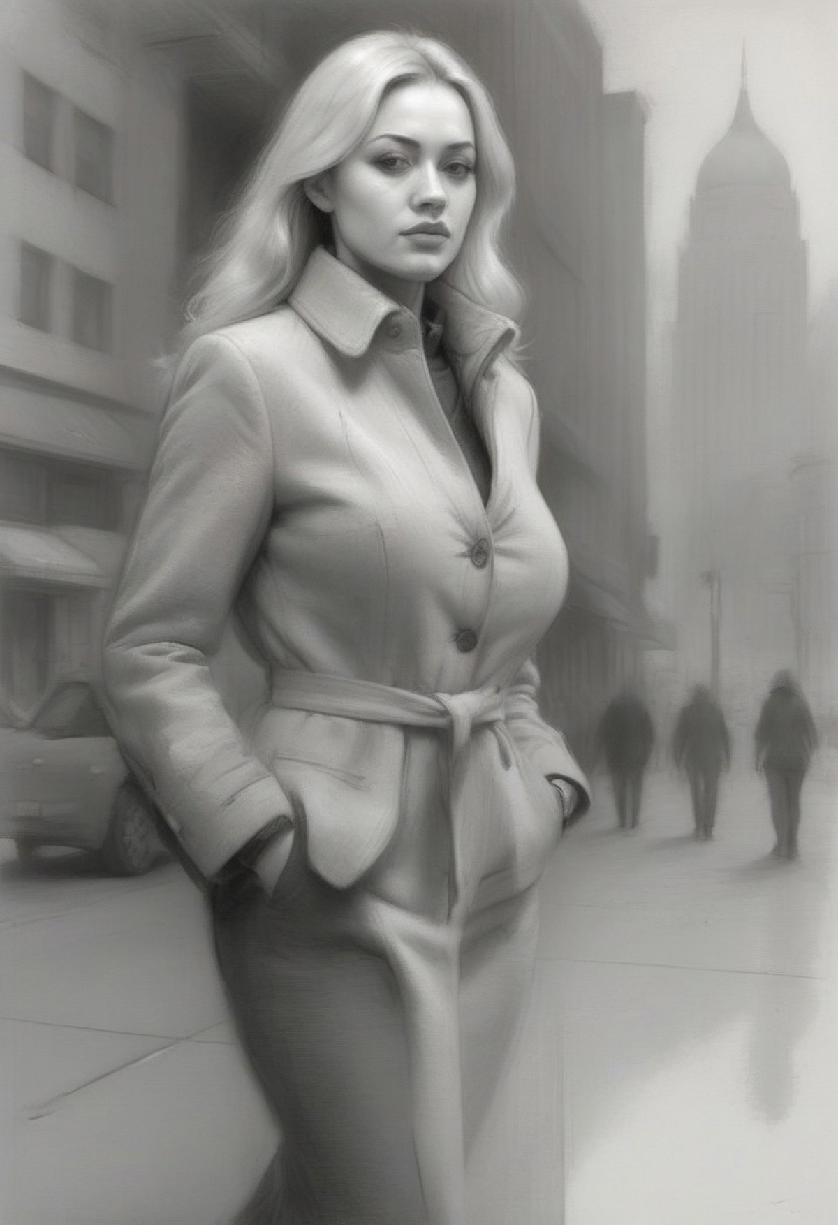 Charcoal drawing, nude portrait of Guin, blonde hair, straight hair, side curls,  medium hair curly hair, blonde hair, (massive natural breasts), huge areolae, small nipples, slim waist, middlesized hips, full pubic hair, long legs, posing,  sensual,  blonde hair, grey eyes, slim waist, large breasts, shy, Guinwen, veil, stransparent carf around her neck,