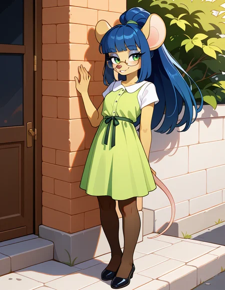 masterpiece, best quality, very aesthetic, absurdres,
outdoors,casual,
full body, standing, posing,
seductive smile, parted lips, long eyelashes,
<lora:Dewey_Teagarden_v01_NAIXL:1>
D3w3y,1girl,solo,furry,furry female,mouse girl,mouse ears,long hair,blue hair,high ponytail,sidelocks,blunt bangs,green eyes,semi-rimless eyewear,snout,animal nose,body fur,yellow fur,mouse tail,