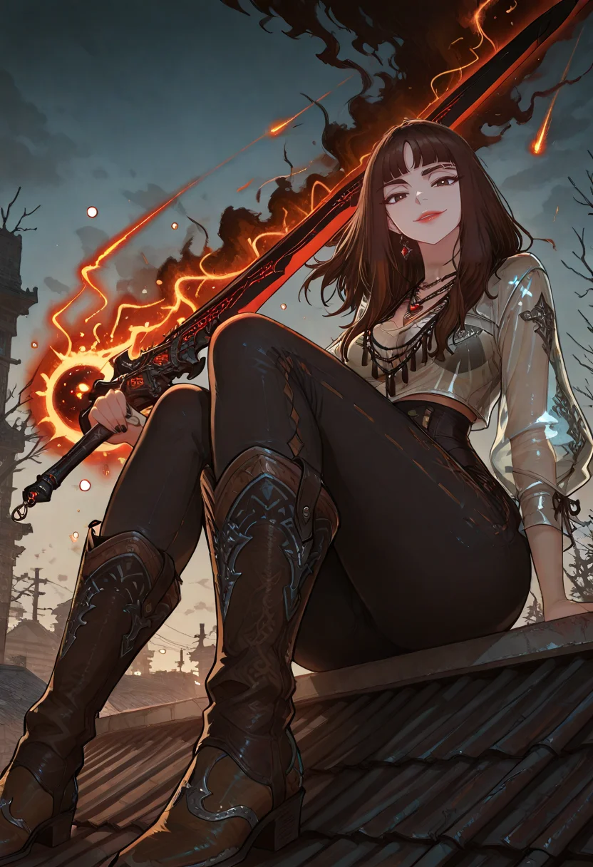 masterpiece, best quality, good quality, very awa, very aesthetic, absurdres, Yoon_Nari, 1girl, boots, breasts, brown eyes, brown hair, burning, campfire, candle, explosion, fire, firing, flame, flaming sword, flaming weapon, gun, holding weapon, jewelry, knee boots, lightning, long hair, looking at viewer, magic, medium breasts, muzzle flash, necklace, pantyhose, sitting, smoke, solo, sunset, sword, torch, weapon<lora:Yoon_Nari-IL:1><lora:add-detail-xl:1><lora:PonyFantasyKnightsV4:1><lora:Avarice_epoch_10:1>