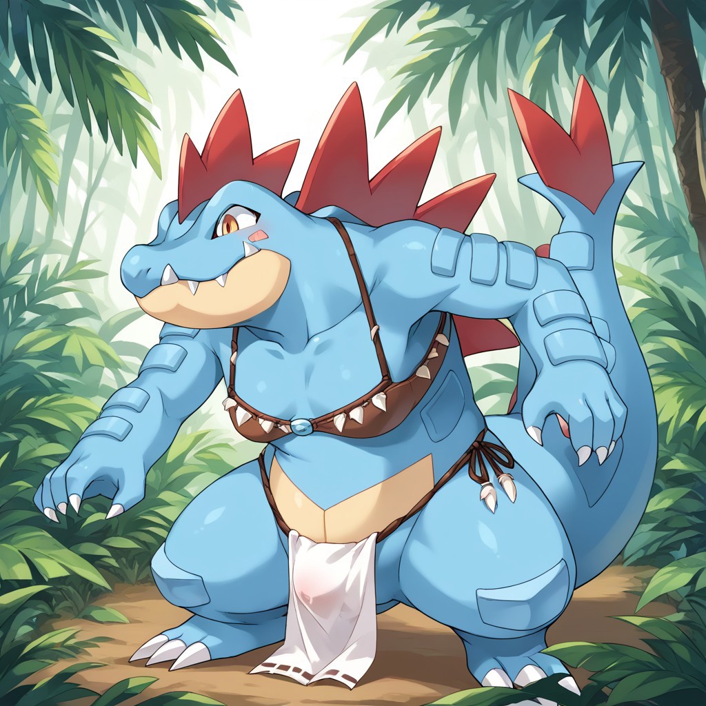score_9, score_8_up, score_7_up, source_anime, source_furry,rating_explicit,in jungle,BREAK ,
solo,feraligatr pokemon (creature),feral,female,
clothing, tribal clothes,tribal bra, loincloth,tribal face paint, tribal markings,