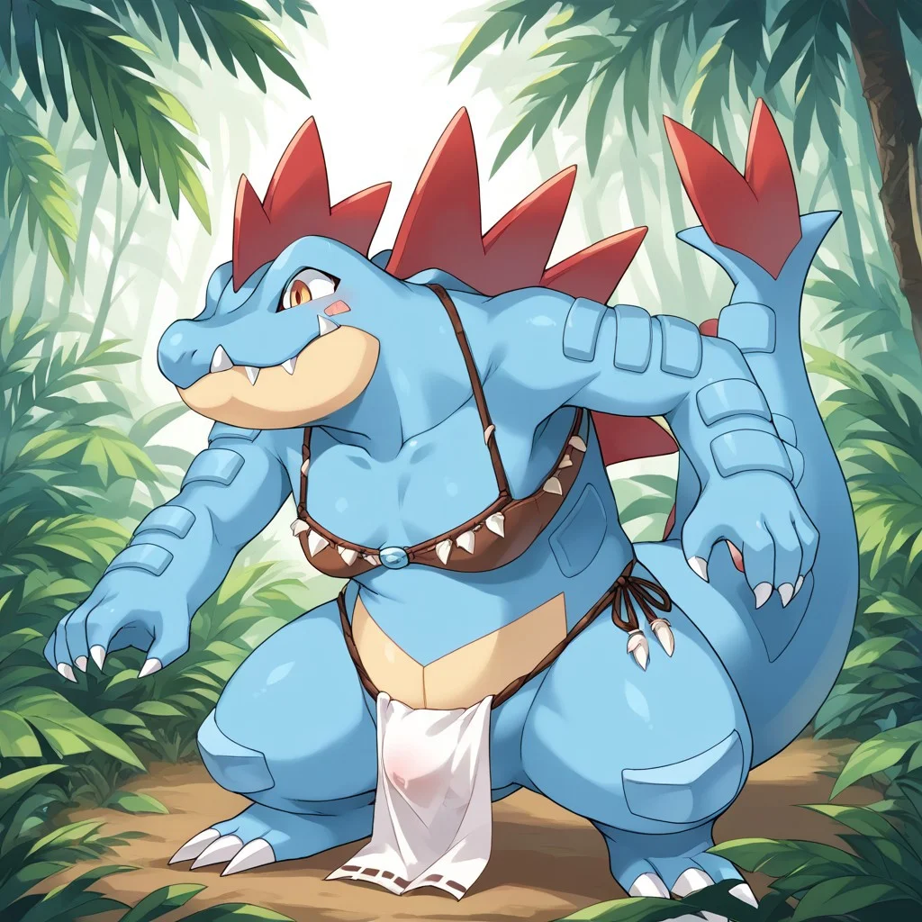 score_9, score_8_up, score_7_up, source_anime, source_furry,rating_explicit,in jungle,BREAK ,
solo,feraligatr pokemon (creature),feral,female,
clothing, tribal clothes,tribal bra, loincloth,tribal face paint, tribal markings,