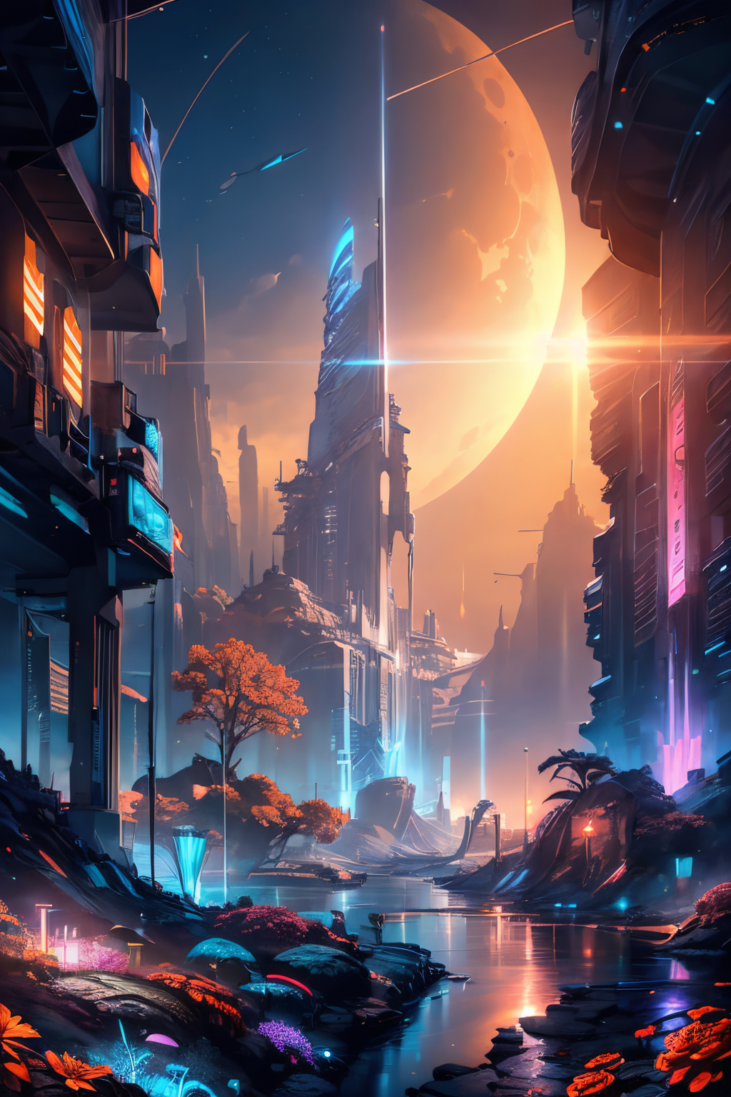(Realistic:1.5) full moon, 6+girls, hologram, starry sky, underwater, road sign, neon trim, lens flare, river, claws, tentacles, orange sky, waterfall, underwater, simple background, flower, crescent moon, pond, english text, indoors, steampunk, saliva, <lora:EdobSyFyHorrorFairyTale_v1.0:0.6> <lora:EdobSyFyCityLandscape_v1.0:0.6>
