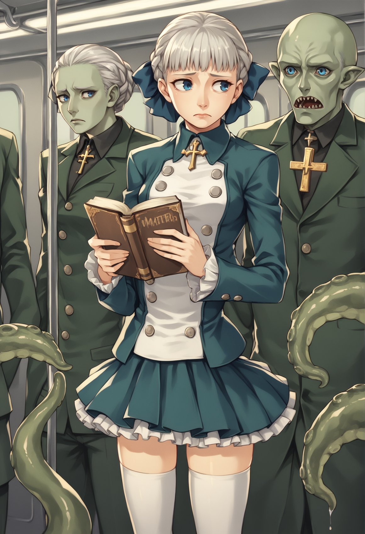 1girl, solo, grey hair, blue eyes, braid, hair ribbon, cross, jacket, buttons, long sleeves, frills, pleated skirt, thighhighs, standing, worried, looking to the side, train interior, darkness, monster, horror \(theme\), cthulhu mythos,  tentacles, night, holding book <lora:Alice_Elliot_Shadow_Hearts_XL:1>, score_9, score_8_up, score_7_up, score_6_up, score_5_up, score_4_up, BREAK source_anime, masterpiece