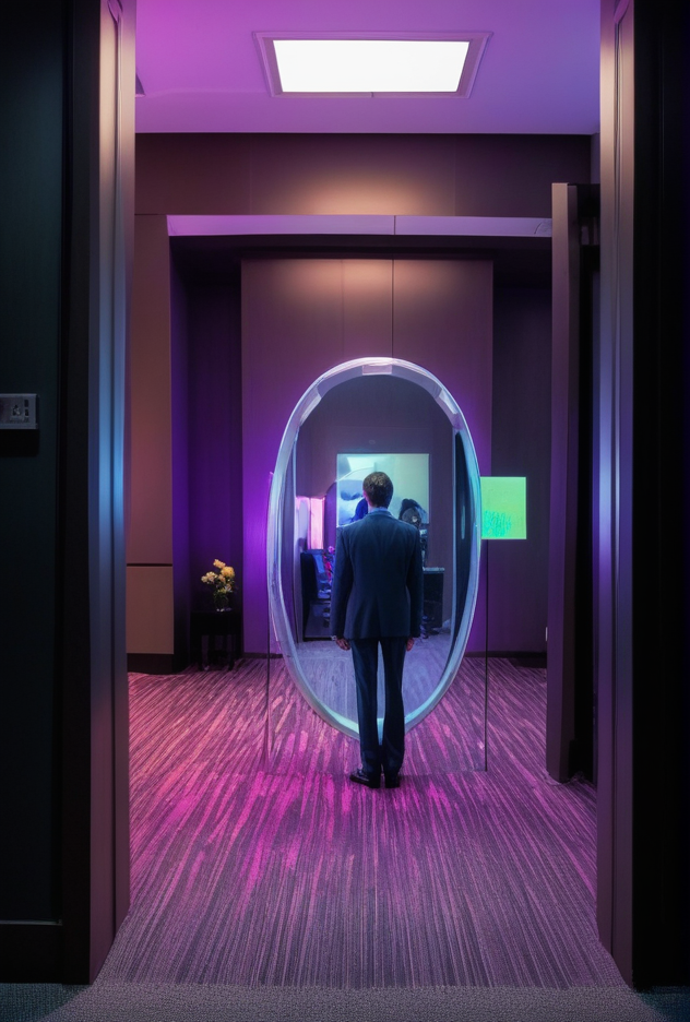metaphysical style Analog photo of magic mirror in Fortune 100 CEO's executive office allowing them to see their personal egregore avatar looking back at them from the mirror dimension, chiaroscuro blacklight, deep blacks
<lora:LCM-LoRA-XL_V1:0.21>
<lora:SDXLHighDetail_v5:0.3>
 <lora:sdxl_photorealistic_slider_v1:1.2>  . surreal, eerie, uncanny, detailed