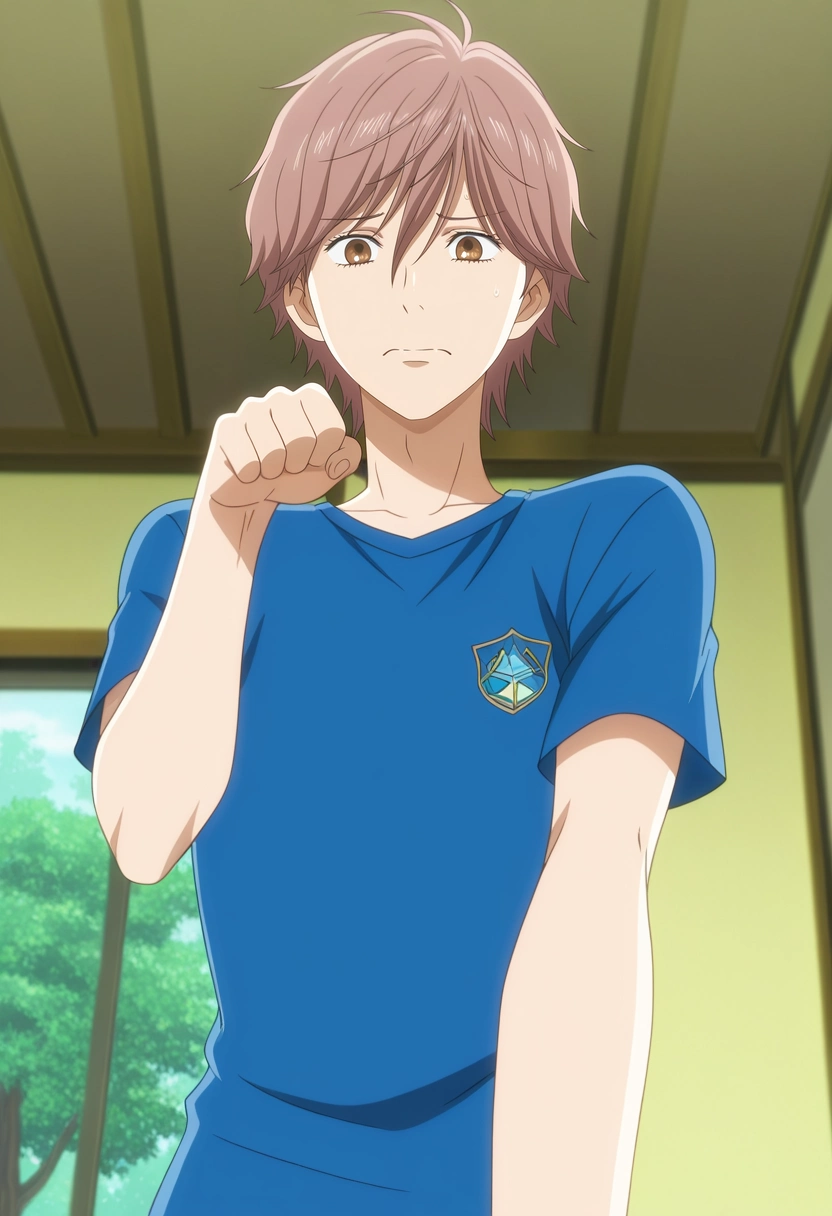 masterpiece, best quality, intricate details, anime screencap, anime coloring, ,, 1boy, solo, male focus, <lora:taichi_mashima_ilxl:0.98>, taichi_mashima, brown hair, brown eyes, short hair, bangs, hair between eyes, , from below, grass, tree, indoors, paw pose, nervous,