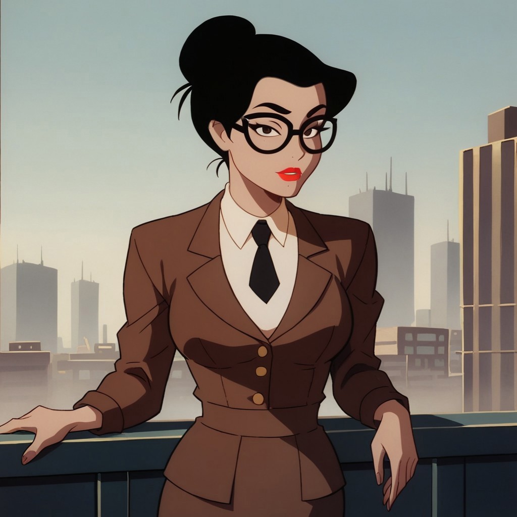safe_pos, safe_pos, score_9, score_8_up, score_7_up, solo, 1girl, lipstick, black hair, hair bun, dark brown eyes, glasses, brown jacket, brown skirt, collared shirt, black necktie looking at viewer, breast, Candice (dc), city