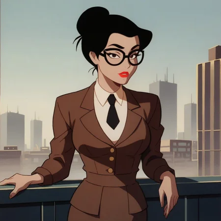 safe_pos, safe_pos, score_9, score_8_up, score_7_up, solo, 1girl, lipstick, black hair, hair bun, dark brown eyes, glasses, brown jacket, brown skirt, collared shirt, black necktie looking at viewer, breast, Candice (dc), city