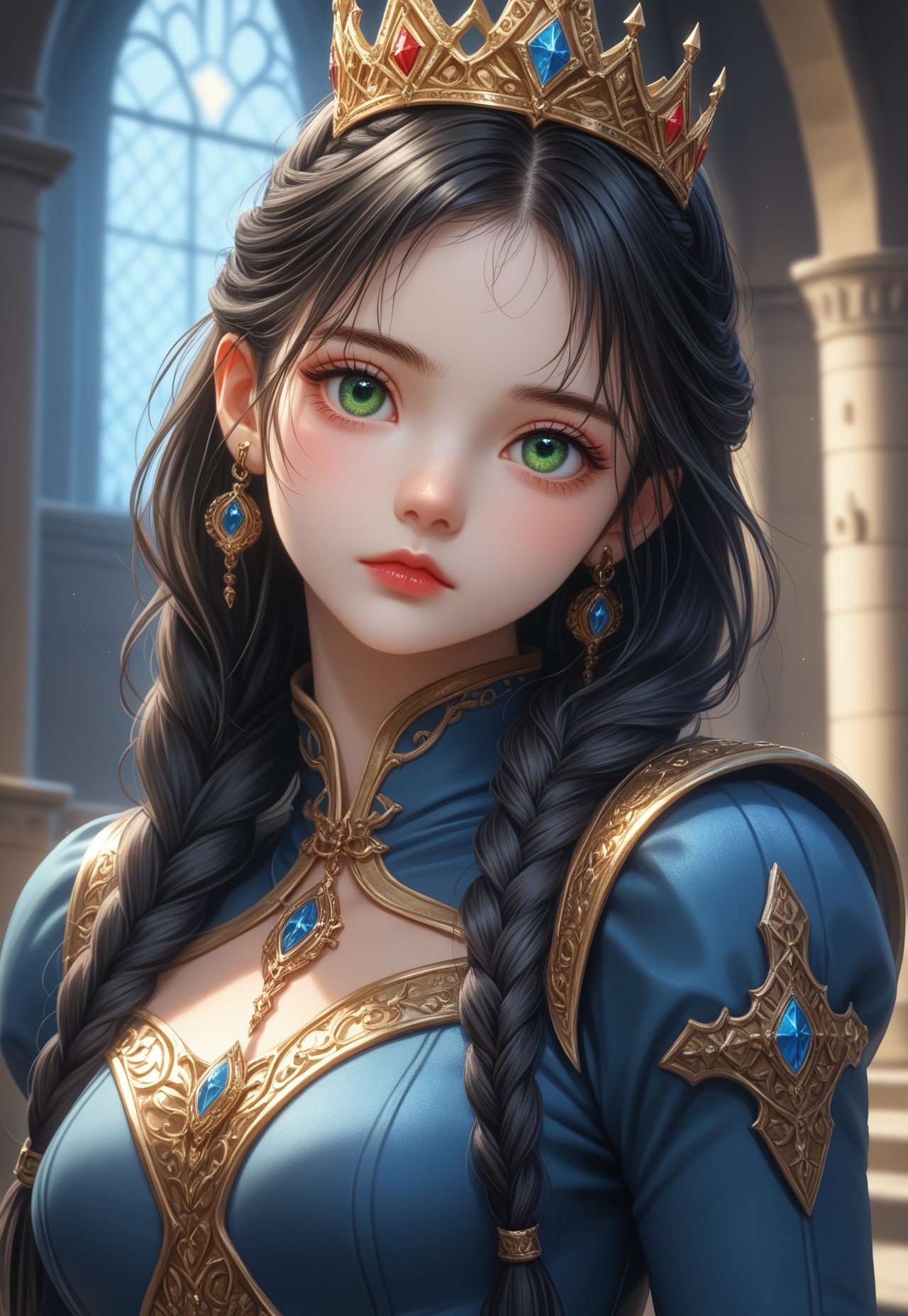 safe_pos, score_9, score_8_up, score_7_up, ((( highly detailed, masterpiece, perfect, detailed, hd)))
,
(( Eleonoramb, jewelry, earrings,  black hair, long hair, braid, green eyes, queen suit, luxury medieval suit))
,
((( 1girl, solo, )))
,
((( Standing, head tilt, posing fir viewer)))
,
((( Indoors, castle ))) 
,
((( Frontal view, 3/4 body view)))
,
((  ))
,
((( )))
,
()