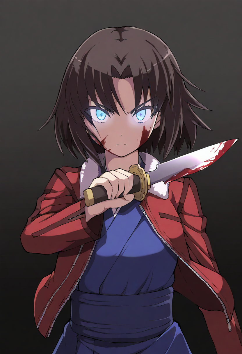 (masterpiece,best quality,ultra_detailed,highres,absurdres:1.2,amazing quality,very aesthetic),<lora:maru style_noobaixl_v1-000015:1>,maru style,ryougi shiki,1girl,solo,upper body,holding knife,blood on face,serious,glowing eyes,looking at viewer,standing,