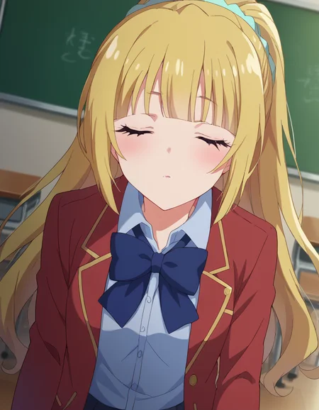 score_9, score_8_up, score_7_up, source_anime,
keikaruizawa, <lora:kei-karuizawa-anime-s2-ponyxl-lora-nochekaiser:1>,
kei karuizawa, long hair, bangs, blunt bangs, blonde hair, shirt, hair ornament, ponytail, scrunchie, blue scrunchie,
skirt, shirt, bow, school uniform, jacket, red jacket, pleated skirt, bowtie, sweater, blue bow, blue shirt,
indoors, classroom, <lora:incoming-kiss-ponyxl-lora-nochekaiser:1>, incoming kiss, blush, closed eyes,
looking at viewer, cowboy shot, dutch angle,