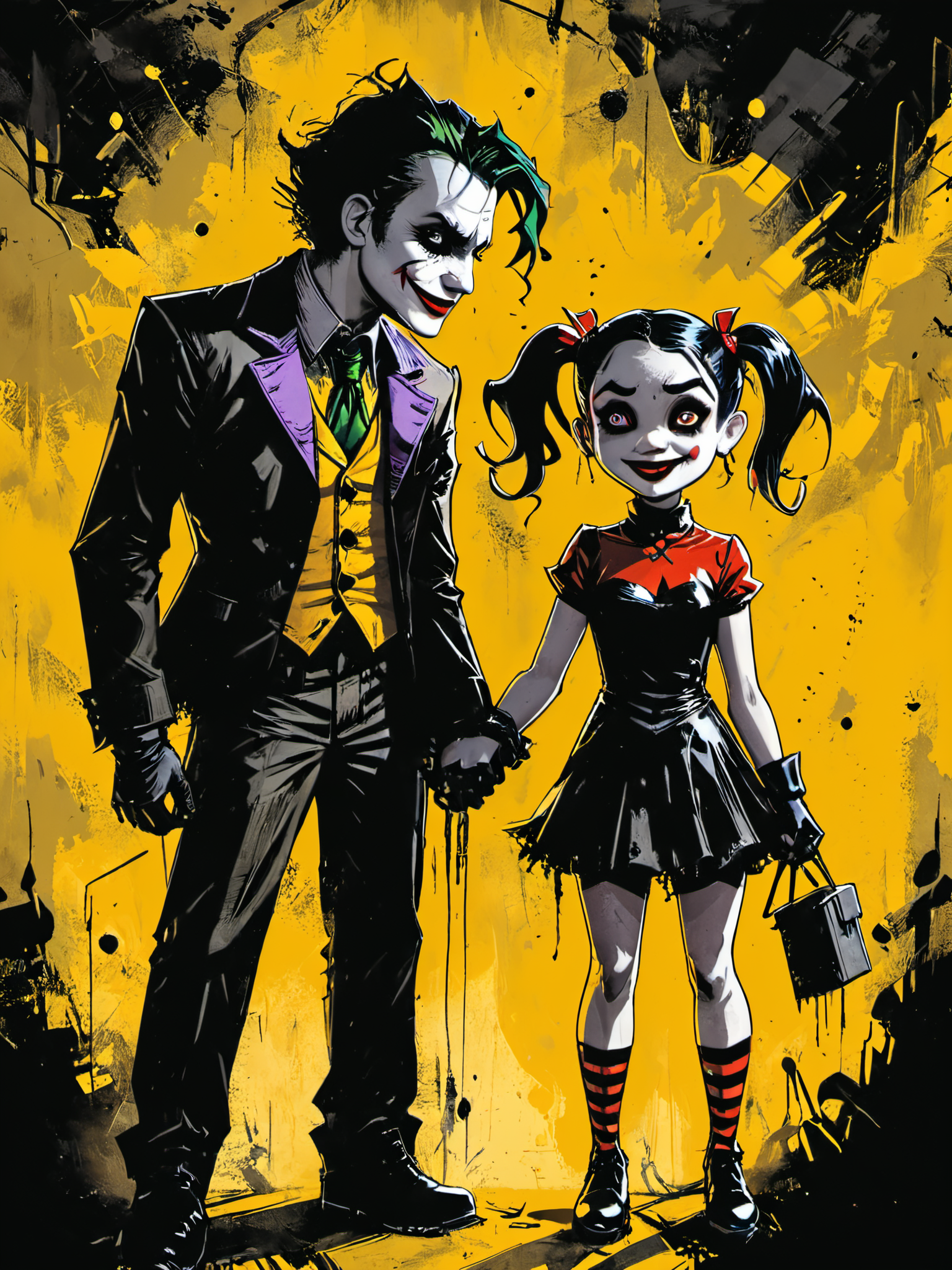 bold artwork,creative use of shadows and textures to create an image using negative space,masterful use of limited colors to create an image of bold contrasts,inventive and whimsical use of camera angles to give new perspective to illustration,"the joker and harley quinn holding hands",1boy,1girl,<lora:Dark_Novel:0.8>,, glow effects, godrays, Hand drawn, render, 8k, octane render, cinema 4d, blender, dark, atmospheric 8k ultra detailed, cinematic, Sharp focus, big depth of field, Masterpiece, 3d octane render, 8k, concept art, trending on artstation, hyperrealistic, extremely detailed CG unity 8k wallpaper, trending on CGSociety, Intricate, High Detail, dramatic