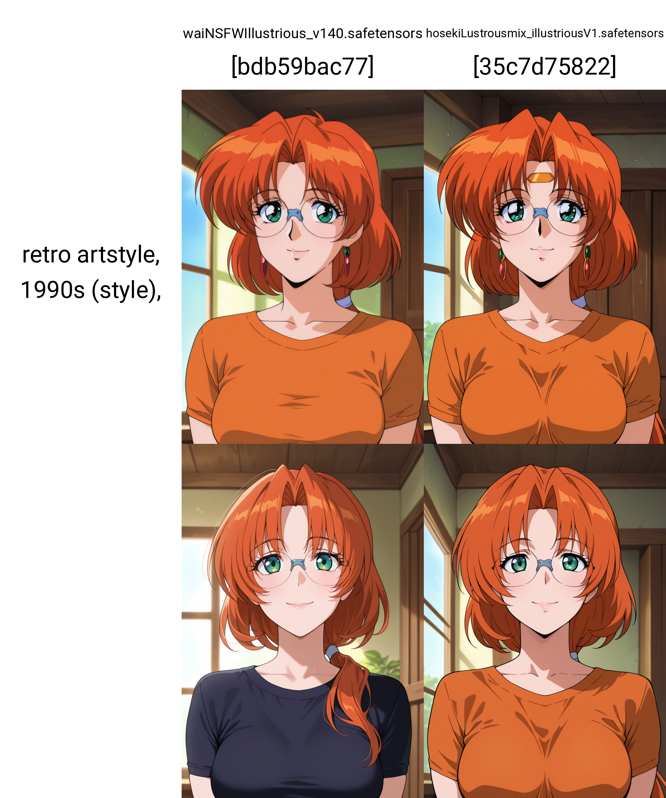 masterpiece, best quality, amazing quality, absurdres, 1girl, solo, (portrait:1.2), retro artstyle, 1990s (style), ailaww, mature female, green eyes, orange hair, long hair, low ponytail, parted bangs, glasses, rimless eyewear, medium breasts, t-shirt, looking at viewer, smile, indoors, day, skindentation, detailed clothing folds, depth of field, sharp, high contrast, dynamic light <lora:Aila_Mahou_Senshi_Louie_ill_v12:0.9>