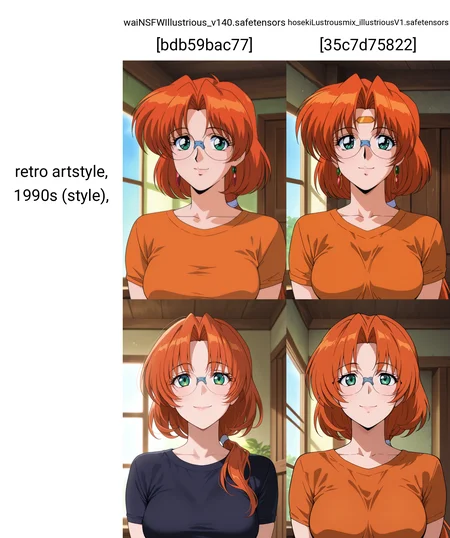 masterpiece, best quality, amazing quality, absurdres, 1girl, solo, (portrait:1.2), retro artstyle, 1990s (style), ailaww, mature female, green eyes, orange hair, long hair, low ponytail, parted bangs, glasses, rimless eyewear, medium breasts, t-shirt, looking at viewer, smile, indoors, day, skindentation, detailed clothing folds, depth of field, sharp, high contrast, dynamic light <lora:Aila_Mahou_Senshi_Louie_ill_v12:0.9>