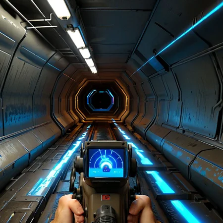 crawling through a metal ductway with a m314mtn blue glow, m314mtn, holding_tracker, holding, pov, trackerscreen