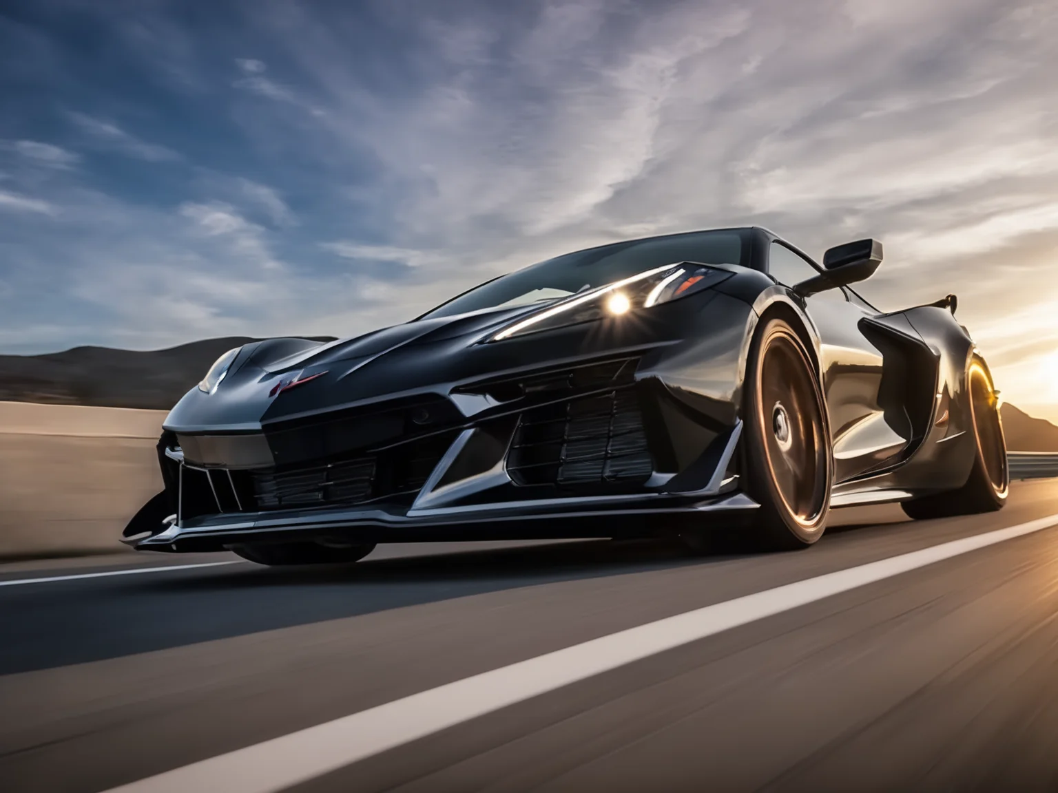 a professional closeup photo of cvttz06 car, down the road on a highway, ocean sunset background, 8k, uhd, sublime, breathtaking , specular highlights <lora:cvttz06_car_t12_SDXL-000010:0.7>