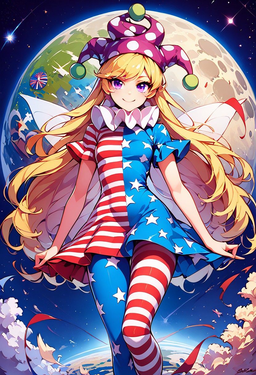 score_9, score_8_up, score_8, medium breasts, (curvy), zzClwnpc, looking at viewer, smile, hat, dress, very long hair, purple eyes, pantyhose, wings, striped, star (symbol), fairy wings, space, planet, jester cap, earth (planet), american flag legwear, american flag dress, neck ruff, american flag, american flag on the moon, 
zPDXL, Expressiveh