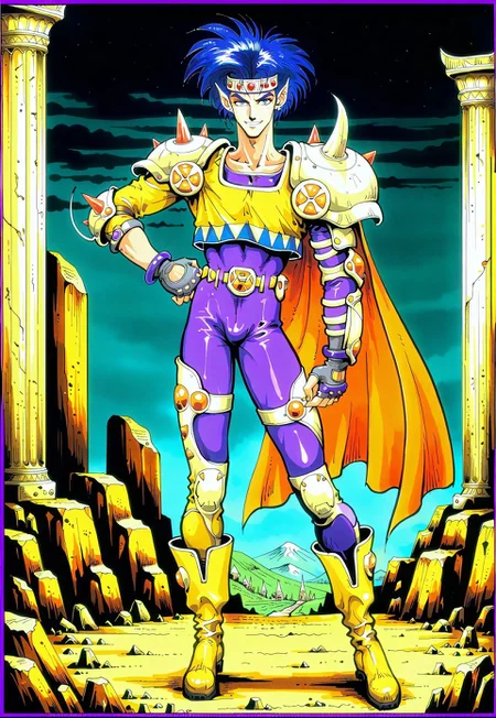 masterpiece, best quality, amazing quality, YasuNir, retro style, CURIL, 1boy, blue eyes, male focus, blue hair, headband, orange cape, one pauldron, loose yellow shirt, elbow pads, gray fingerless gloves, purple bracelets, sleeveless purple bodysuit, thigh armor, pointy ears, yellow boots, hand on hip, outdoors, dark sky, pillars