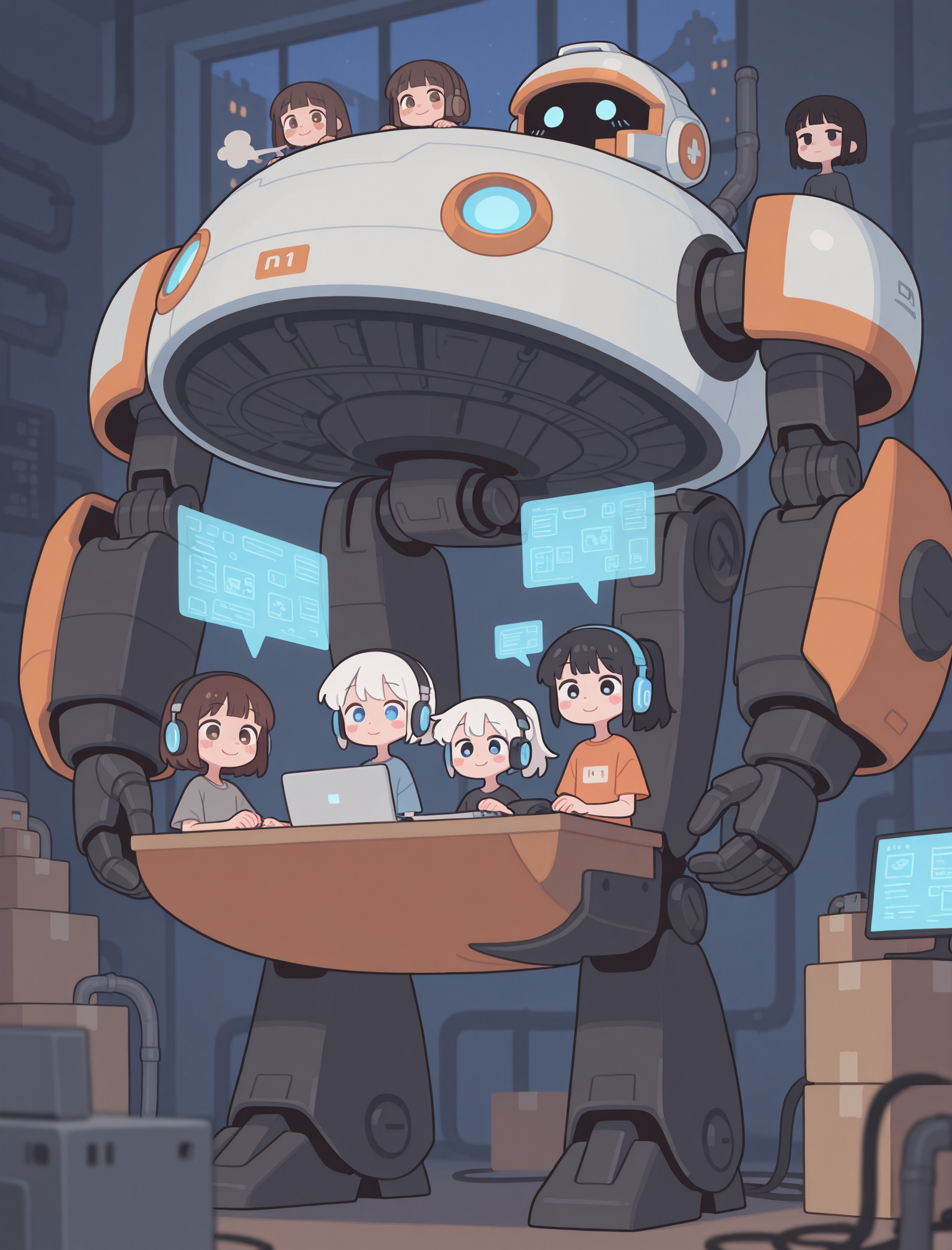 1girl, solo, looking_at_viewer, blush, short_hair, multiple_girls, brown_hair, black_hair, 1boy, 2girls, brown_eyes, sitting, solo_focus, signature, mole, blurry, orange_eyes, mole_under_eye, depth_of_field, blurry_background, glowing, from_above, helmet, robot, mecha, close-up, 1other, machinery, science_fiction, covered_mouth, cable, monitor, spacesuit, cyberpunk, cockpit, radio_antenna, screen