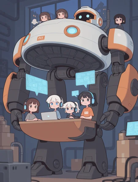 1girl, solo, looking_at_viewer, blush, short_hair, multiple_girls, brown_hair, black_hair, 1boy, 2girls, brown_eyes, sitting, solo_focus, signature, mole, blurry, orange_eyes, mole_under_eye, depth_of_field, blurry_background, glowing, from_above, helmet, robot, mecha, close-up, 1other, machinery, science_fiction, covered_mouth, cable, monitor, spacesuit, cyberpunk, cockpit, radio_antenna, screen